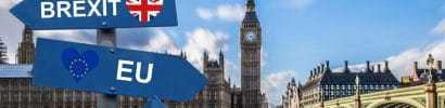 Signs in front of Westminster Pointing Out the Opposite Directions for EU and the Brexit